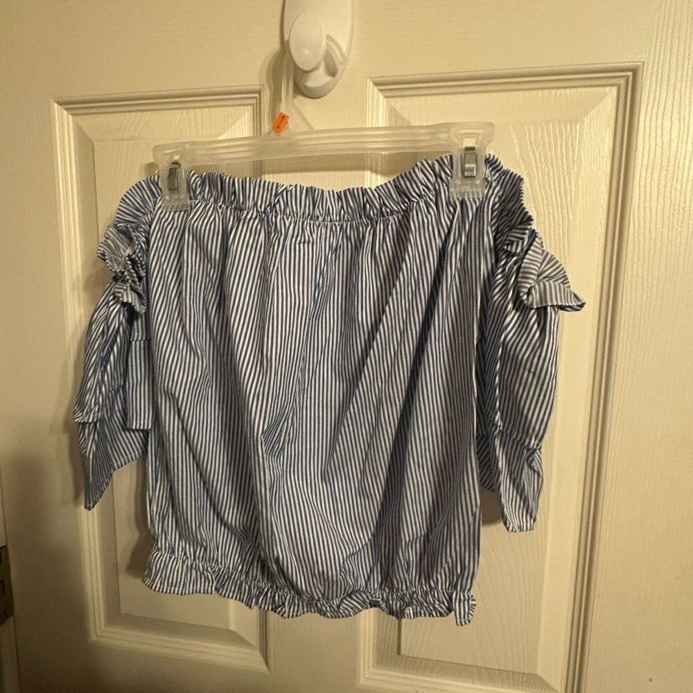 Miss Lili Blue and White Striped Top off the shoulder size small nwot